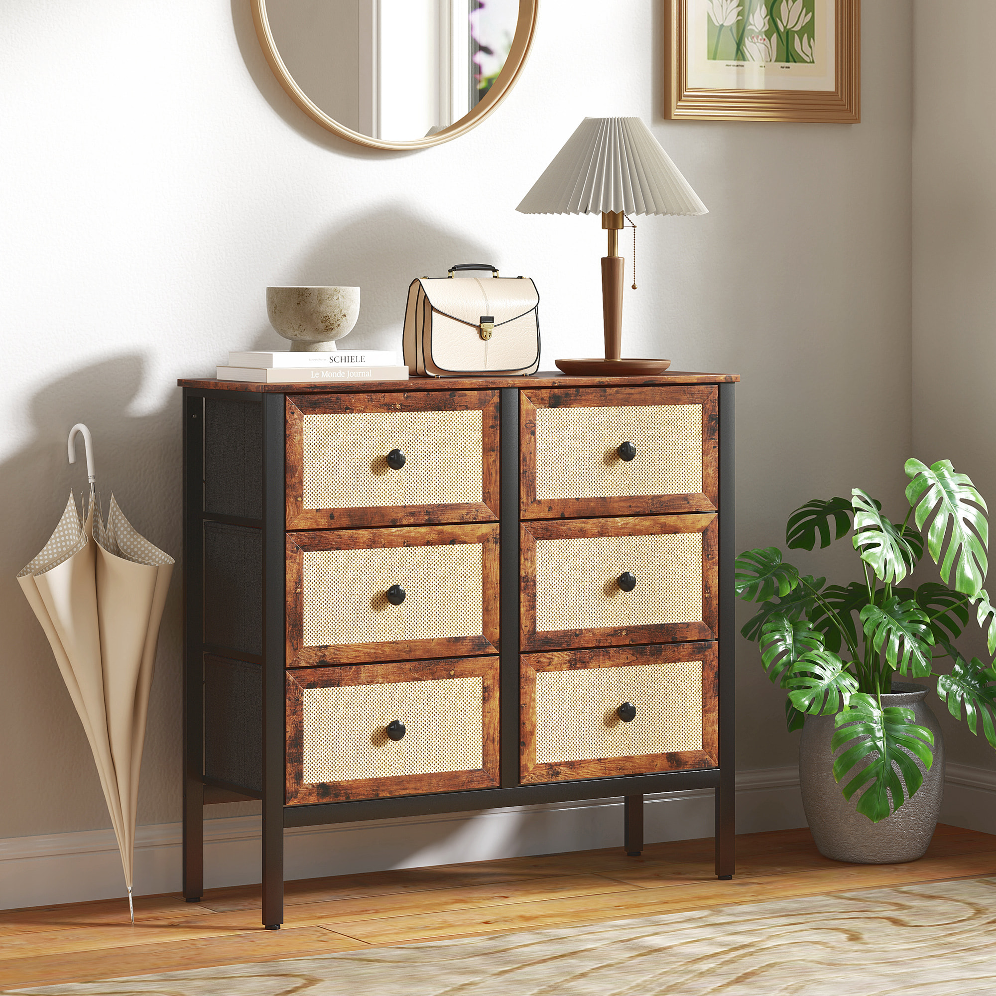Cómoda para Dormitorio Cajonera de Tela con 6 Cajones Plegables con Frentes de Ratán y Marco de Acero Cajonera para Dormitorio Salón Marrón Rústico
