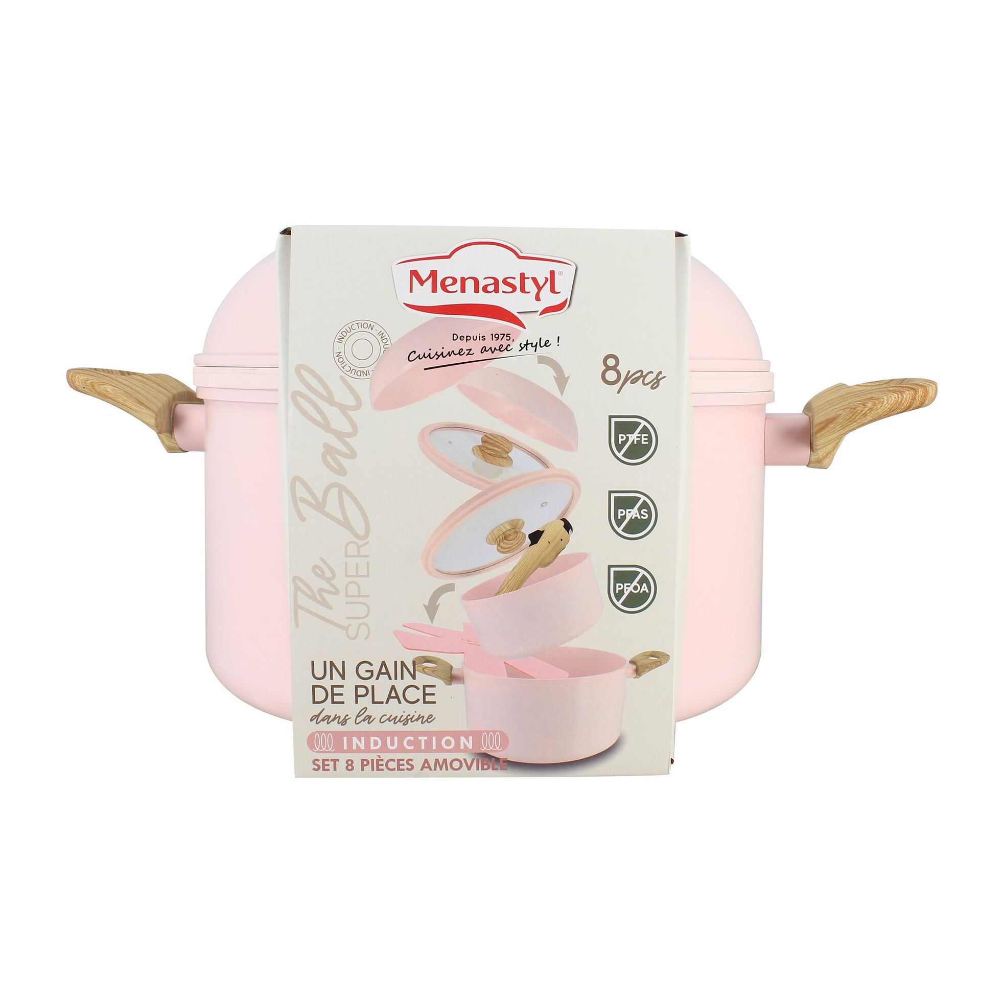 Batterie de cuisine amovible 8 pièces rose en aluminium recyclé COLORAMA