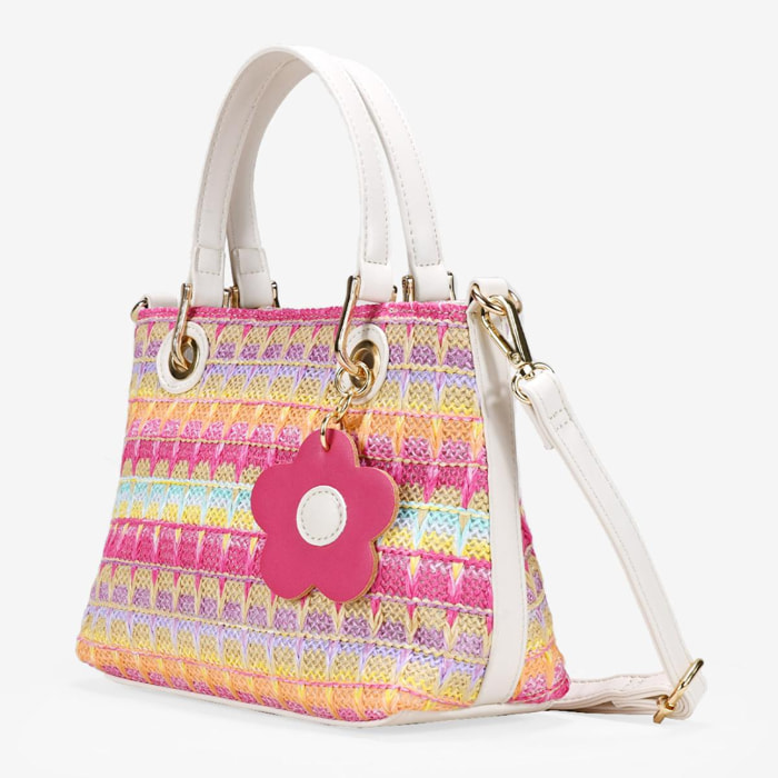 Bolso de rafia rosa con doble asa y colgante de flor