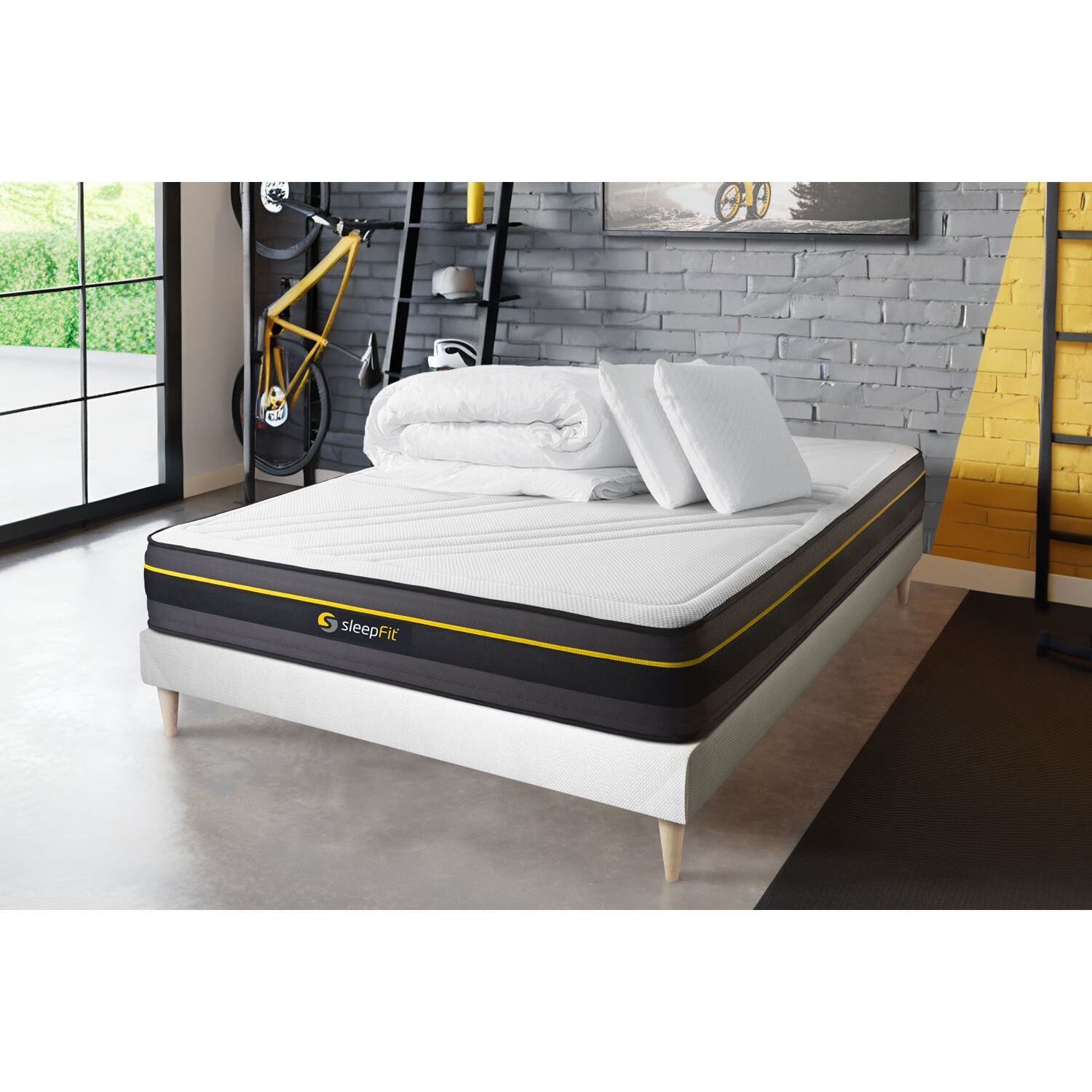 Pack cama completa - Colchón Espuma viscoelástica - Kit de base de cama - Blanco - Active con 2 almohadas y 1 edredón