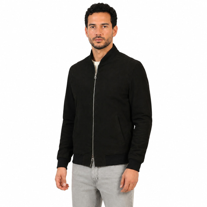 Giubbino in vera pelle di vitello scamosciata Nero-Slim Fit