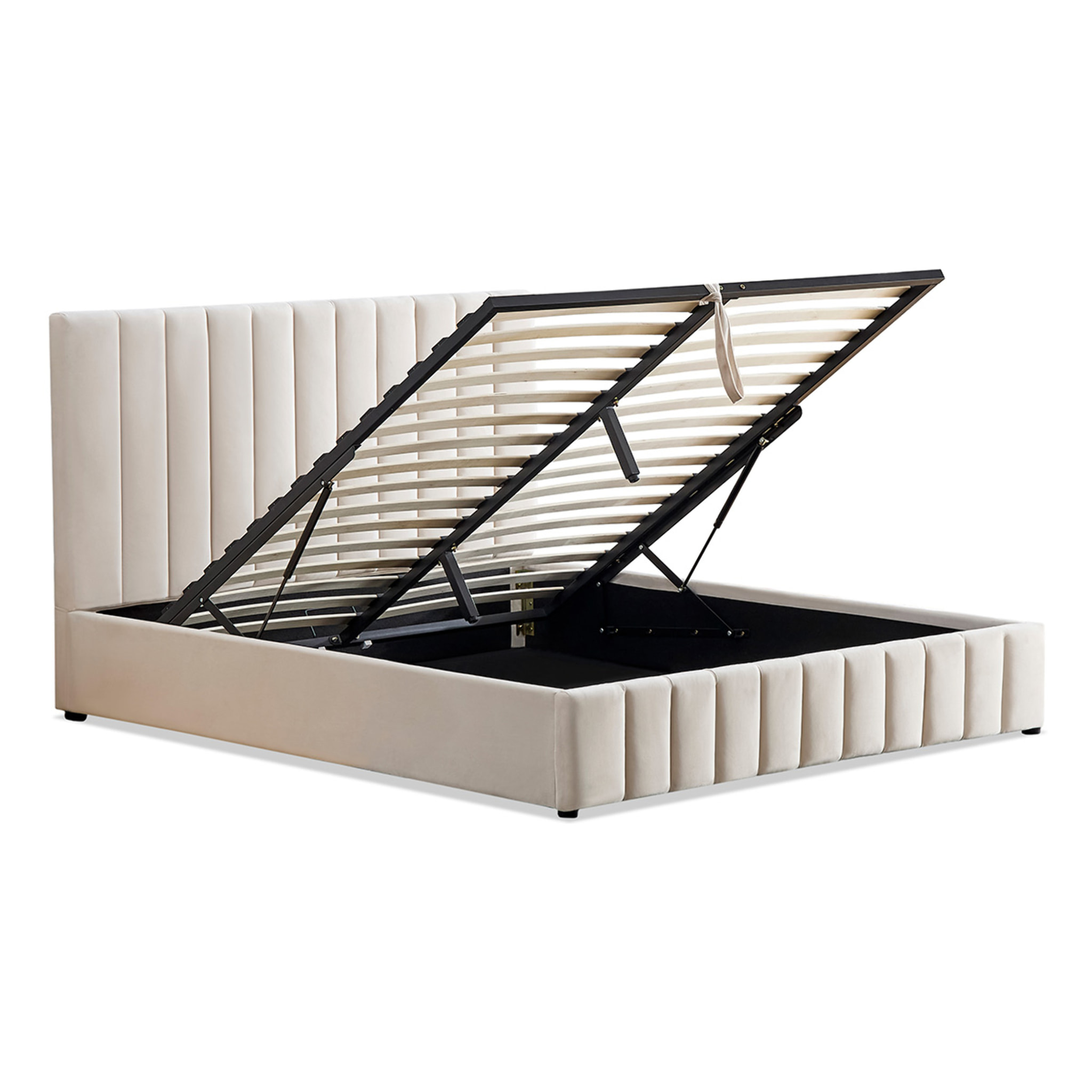 Lit Coffre Trocadéro en Velours Beige, Grand espace de Rangement, Tête de Lit Rembourrée, Sommier à Lattes Actives, Robuste et Confortable