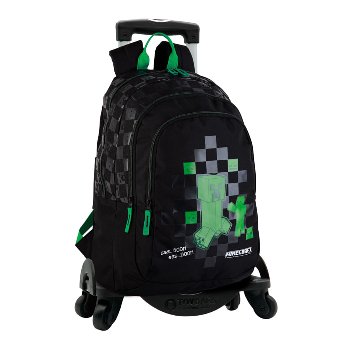 Minecraft Creeper mochila primaria doble compartimento + carro con protección lateral y stoper frontal, 4 ruedas multidireccionales.