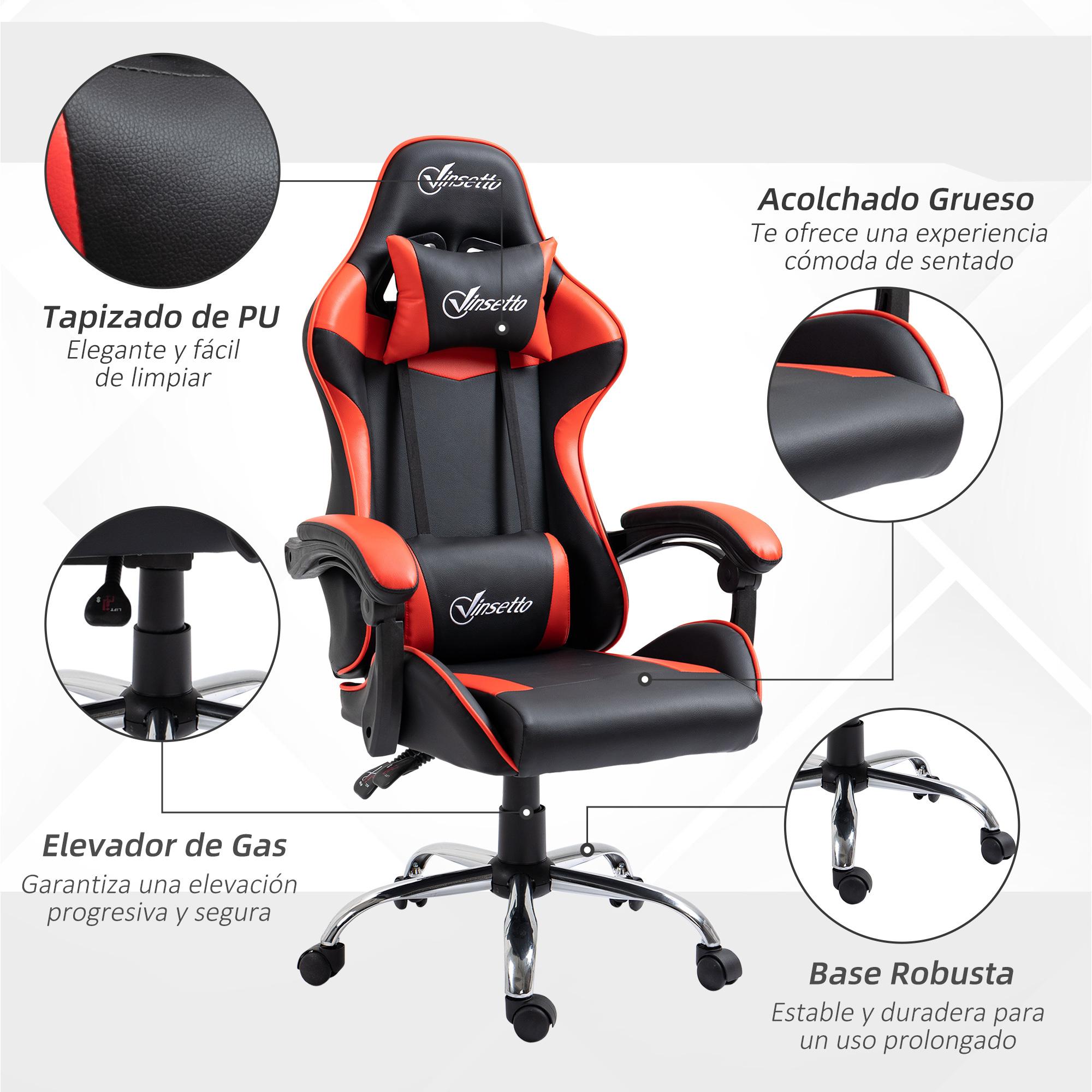 Silla Gaming Ergonómica Silla de Escritorio Racing Giratoria con Altura Ajustable Reclinable de 135° Reposacabezas y Cojín Lumbar para Oficina Estudio 63x67x122-130 cm Rojo