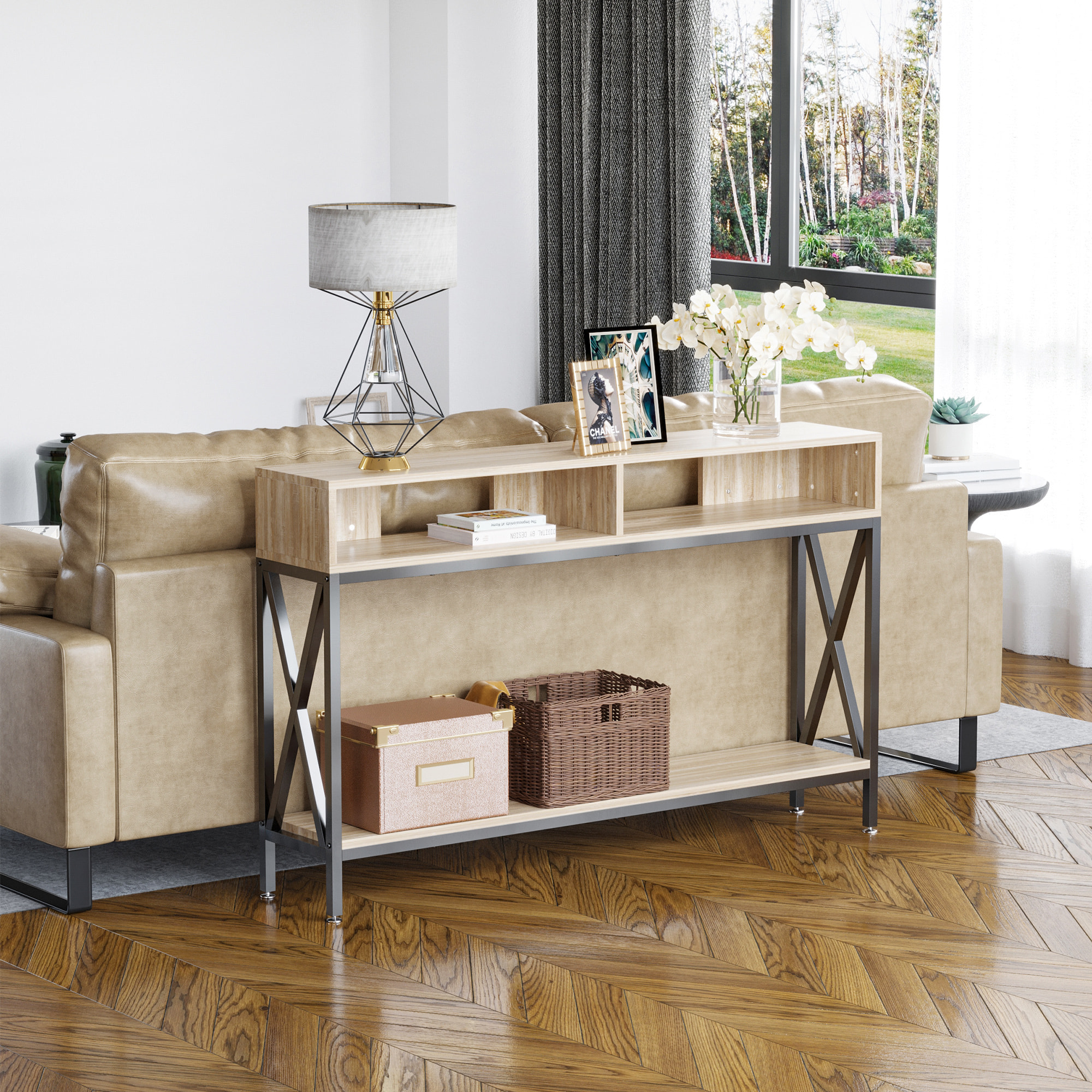 Mesa Consola Mueble para Recibidor con 2 Compartimientos y Estante Consola para Recibidor Entrada Pasillo 120x23,5x75 cm Roble y Negro