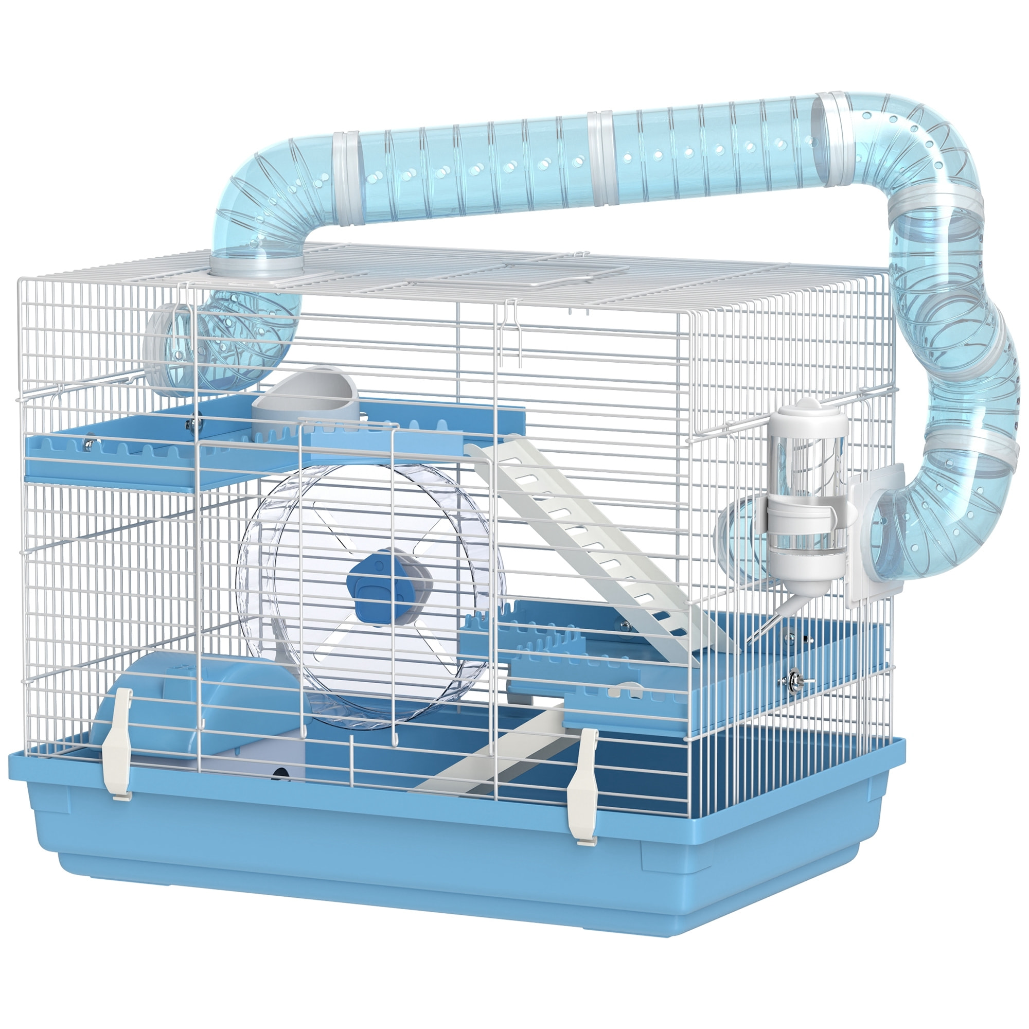 Cage pour hamster portable 2 portes 2 étages nombreux accessoires et tubes blanc bleu