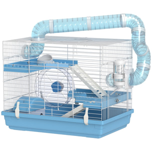Cage pour hamster portable 2 portes 2 étages nombreux accessoires et tubes blanc bleu