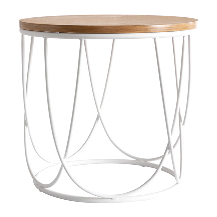 Table d'appoint ronde bois clair chêne et métal blanc LACE