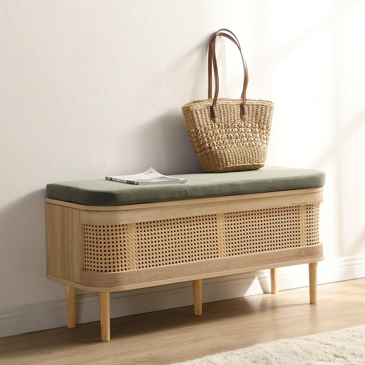 Banc d'entrée avec rangement en bois et cannage - BALI