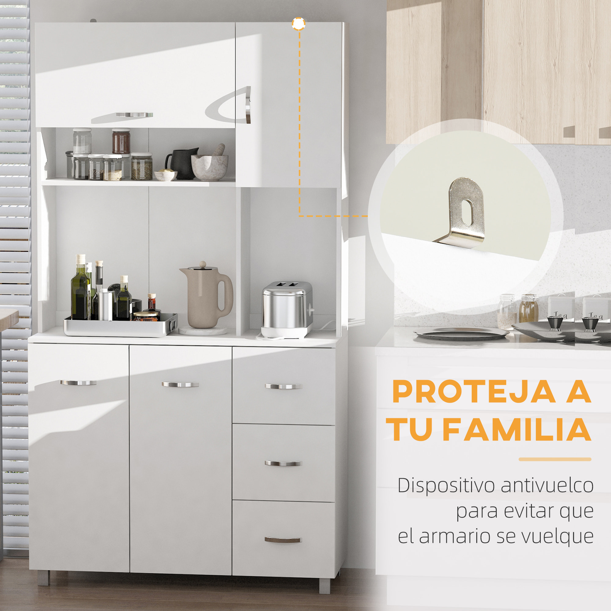 Alacena de Cocina Alacena Alta con 3 Cajones 4 Puertas Estantes Interiores Ajustables y Patas Elevadas Mueble Auxiliar para Comedor Salón 100x39,5x183,5 cm Blanco