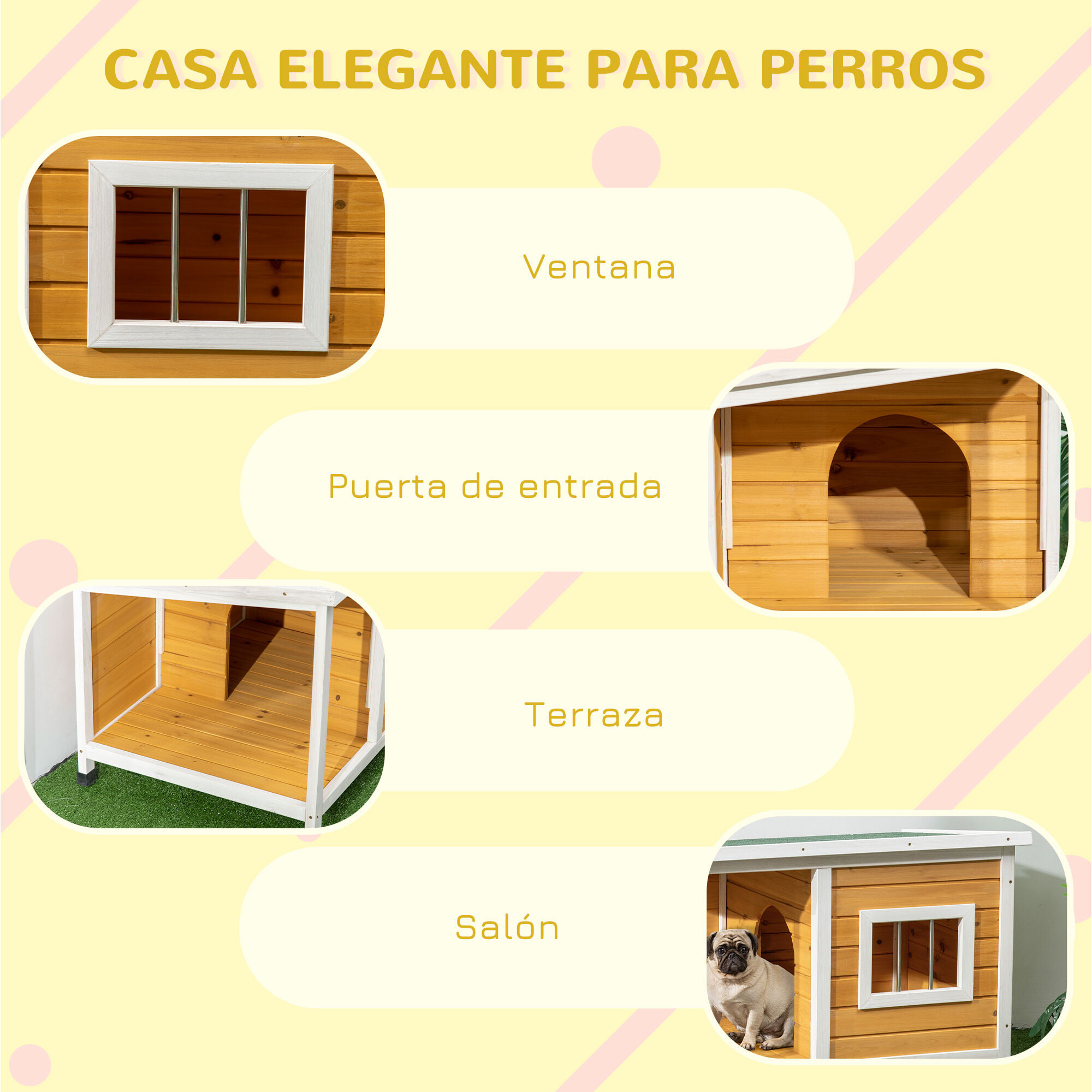 Caseta para Perros de Madera 85,5x62x60 cm Casa para Mascotas Refugio para Perros con Techo Asfáltico Impermeable y Ventana para Interior Exterior Natural