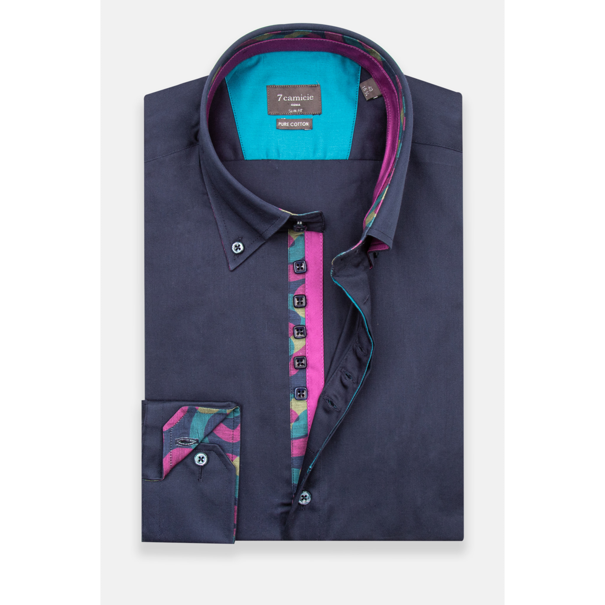 Camicia Uomo 2 Bottoni Button Down Slim Satin Unito Blu