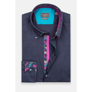 Camicia Uomo 2 Bottoni Button Down Slim Satin Unito Blu