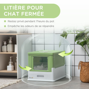 Maison de toilette pliable pour chat - tiroir à litière coulissant, porte battante et trappe transparente, pelle - blanc vert