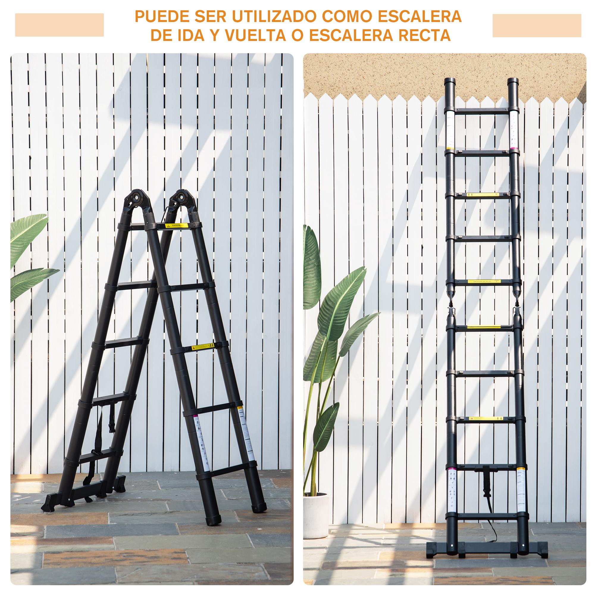 DURHAND Escalera Telescópica Plagable Multifuncional Estable Marco en A Portátil de 10 Pasos 3 Formas Soporta 150 kg Aluminio 320x67x7 cm Negro