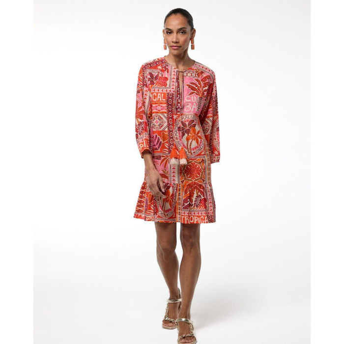 Abito corto multicolore in lurex con stampa tropicale