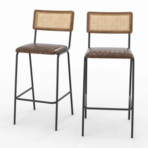 Lot de 2 chaises de bar 76 cm en cannage et cuir marron - Arsène