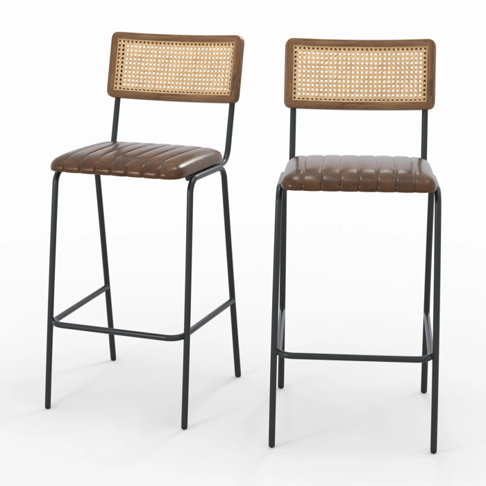 Lot de 2 chaises de bar 76 cm en cannage et cuir marron - Arsène