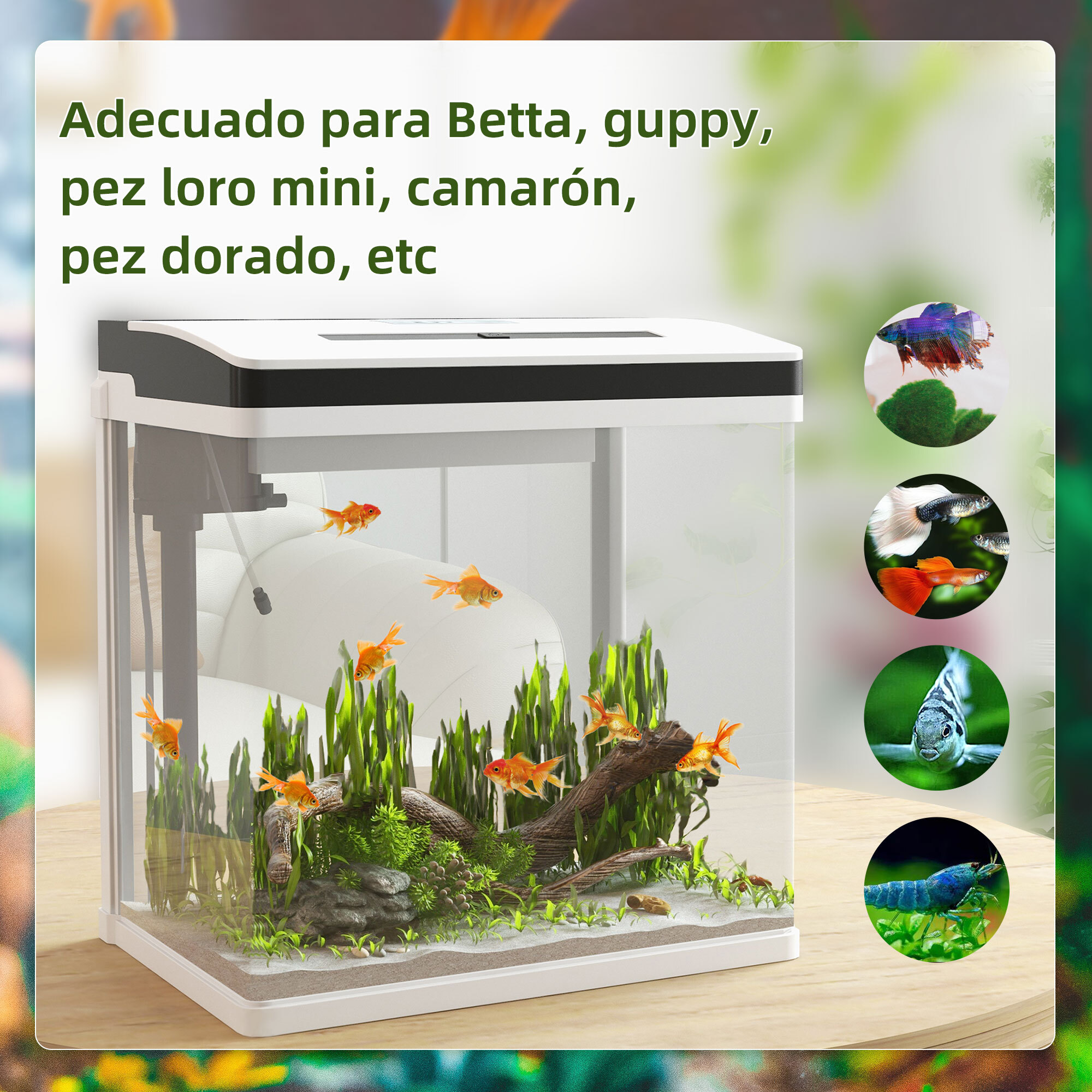 Acuario de Cristal de 28L Pecera Pequeña con Sistema de Filtro Iluminación LED Bomba de Agua 38x26x39,5 cm Blanco