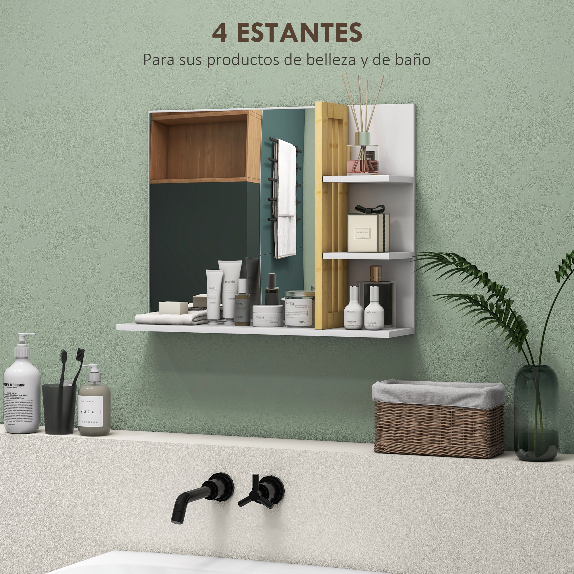 Espejo de Baño Moderno Espejo de Pared Rectangular con 4 Estantes de Almacenamiento para Maquillaje Tocador Vestidor 45x15x58,5 cm Blanco