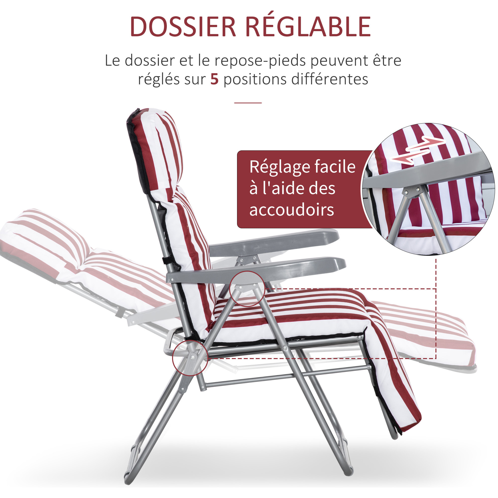 Lot de 2 chaises longues bains de soleil ajustables pliables transat lit de jardin en acier rouge + blanc