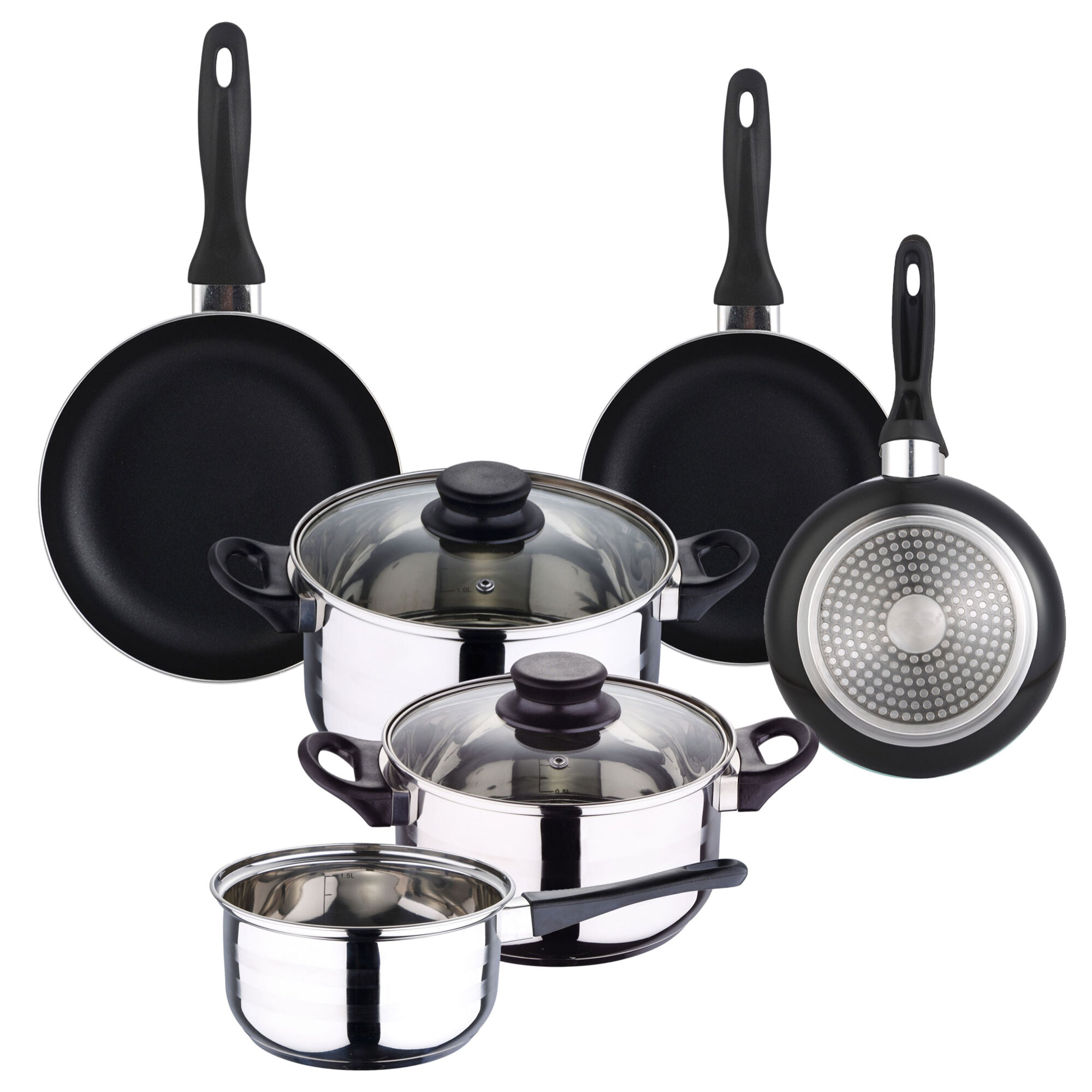 set de batería de cocina de 5pc en acero inoxidable + 3 sartenes ø16ø20ø24cm negro en aluminio prensado