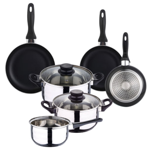set de batería de cocina de 5pc en acero inoxidable + 3 sartenes ø16ø20ø24cm negro en aluminio prensado
