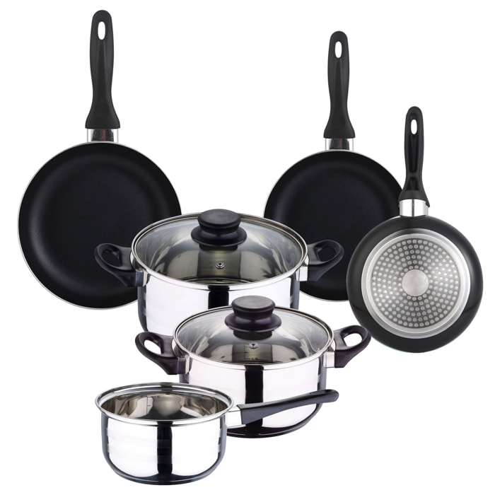 set de batería de cocina de 5pc en acero inoxidable + 3 sartenes ø16ø20ø24cm negro en aluminio prensado