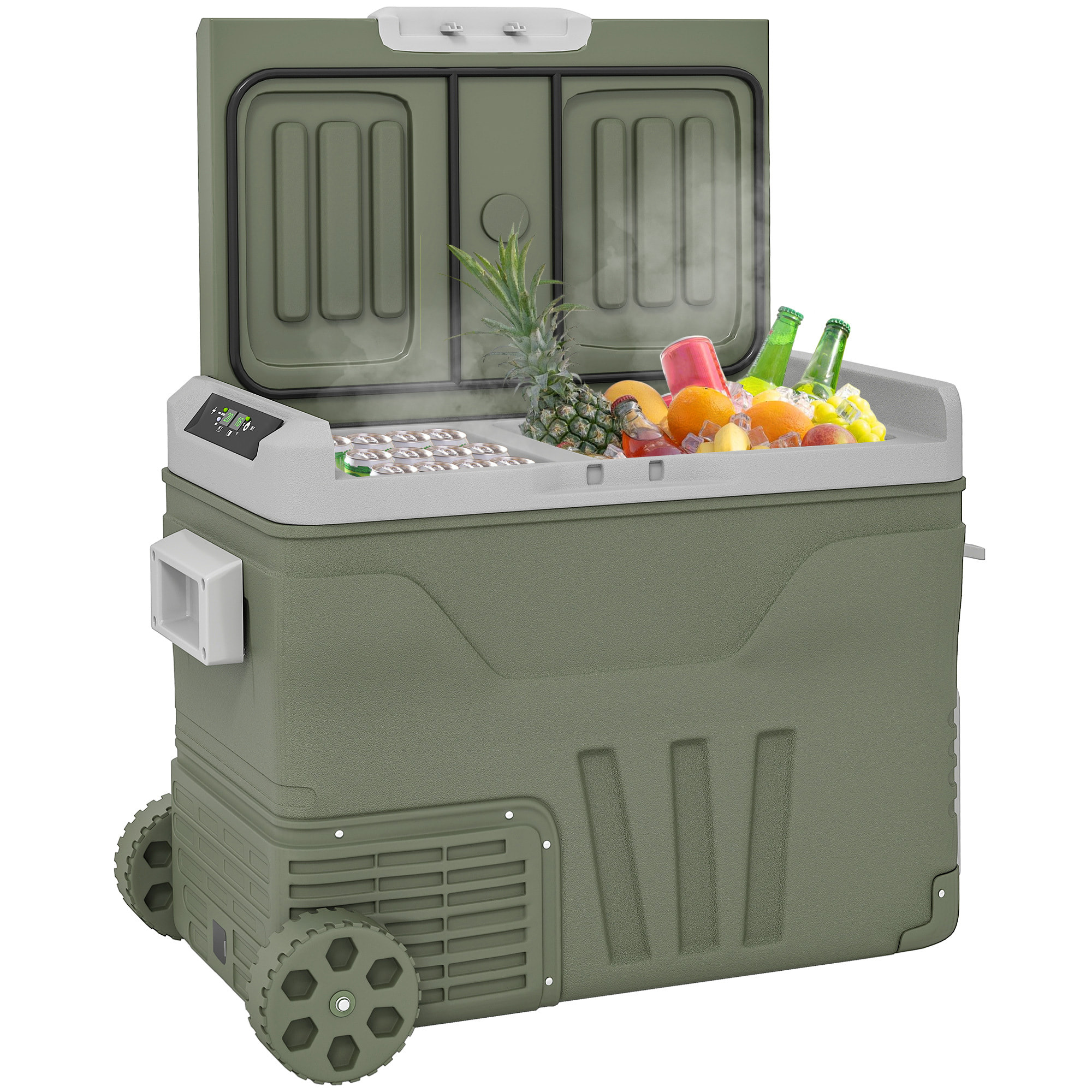 Nevera Portátil Eléctrica 45L Refrigerador de Coche -20℃ a +20 ℃ 12V/24V Mini Frigorífico con Ruedas Compresor Pantalla LED Táctil para Hogar Camping Viajes Automóvil 64,5x43,5x53 cm Verde