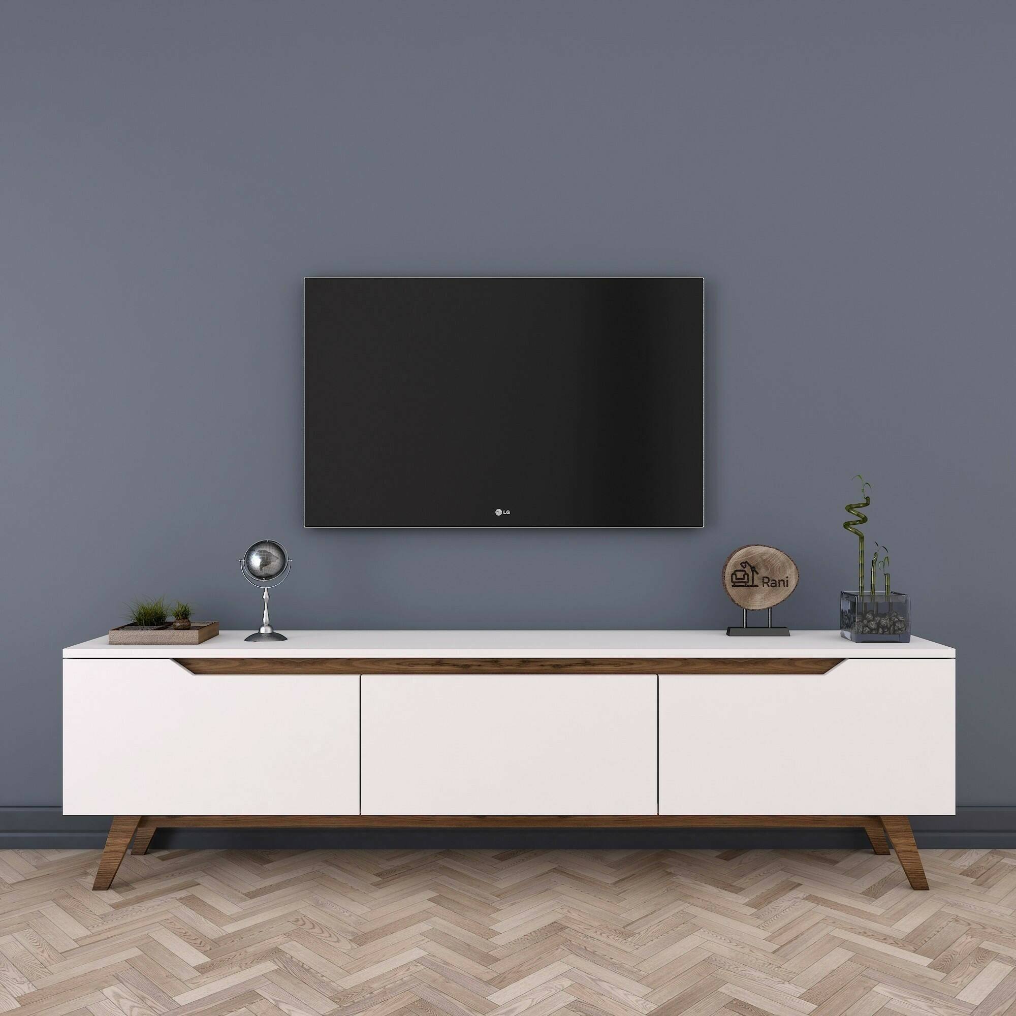 Mobile porta TV Apatite, Credenza da soggiorno, Armadio basso per TV, Base parete attrezzata, 180x35h49 cm, Bianco e Noce