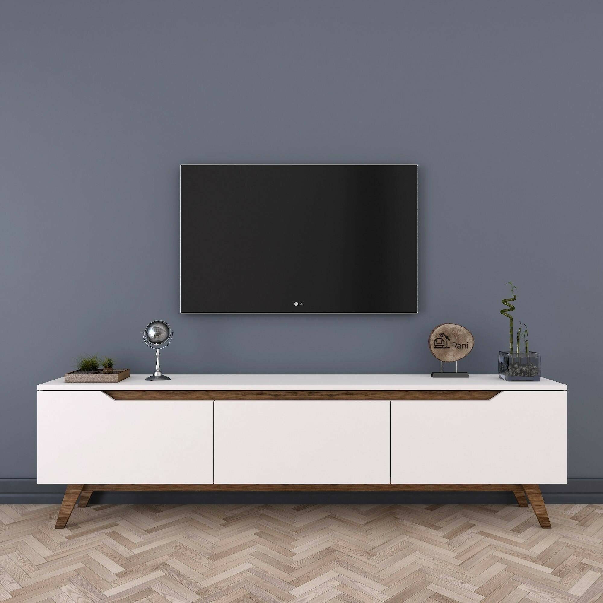 Mobile porta TV Dguidoli, Credenza da soggiorno, Armadio basso per TV, Base parete attrezzata, 180x35h49 cm, Bianco e Noce