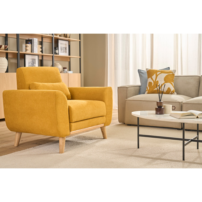 Fauteuil scandinave en tissu effet velours jaune moutarde et bois clair  EKTOR