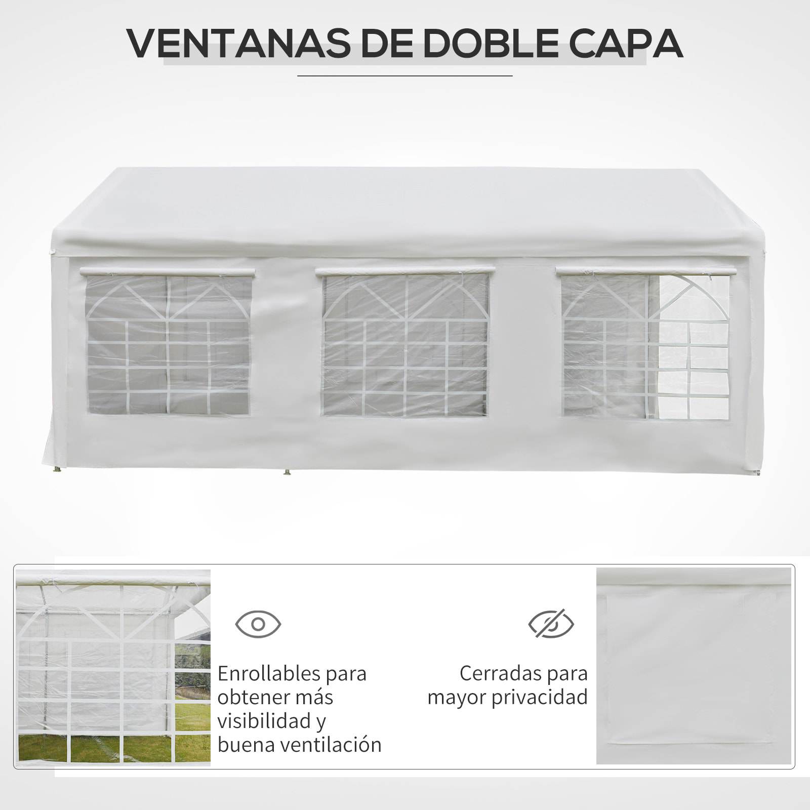 Carpa para Fiestas 6x3 m Cenador Pabellón de Jardín con 4 Paneles Laterales 2 Puertas Enrollables y 6 Ventanas Protección UV para Exterior Eventos Bodas Blanco
