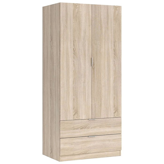 Armadio Guardaroba A 2 Ante Con Barra Appendiabiti E 2 Cassetti Inferiori Mobile Capiente Salvaspazio 180 x 81.2 x 52 Cm Colore Rovere