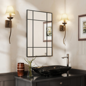 Miroir mural verrière rectangulaire - installation horizontal ou vertical - 4 crochets - 90 x 60 cm - métal noir
