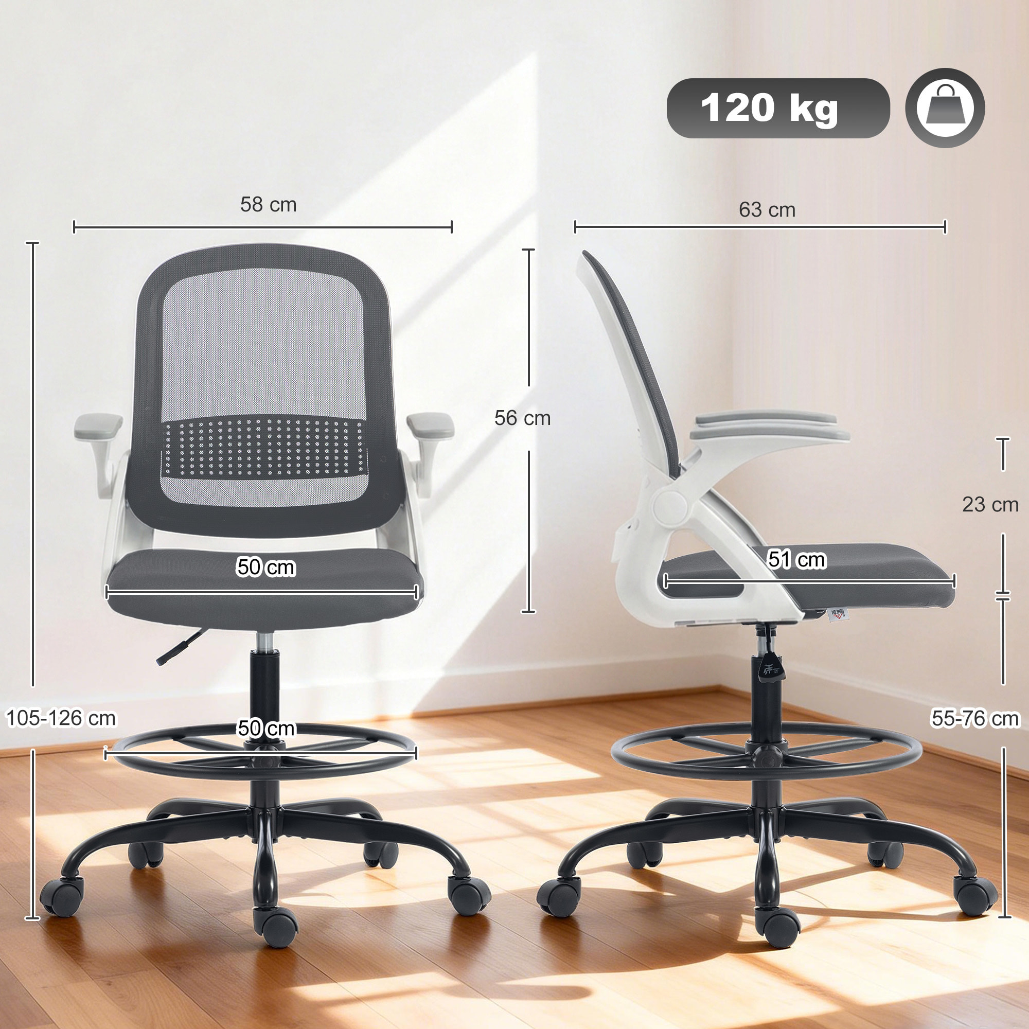 Silla de Escritorio de Malla, Silla de Dibujo con Reposabrazos Abatibles, Altura Ajustable, Soporte Lumbar, Reposapiés, Ruedas Giratorias para Oficina, Estudio, Gris