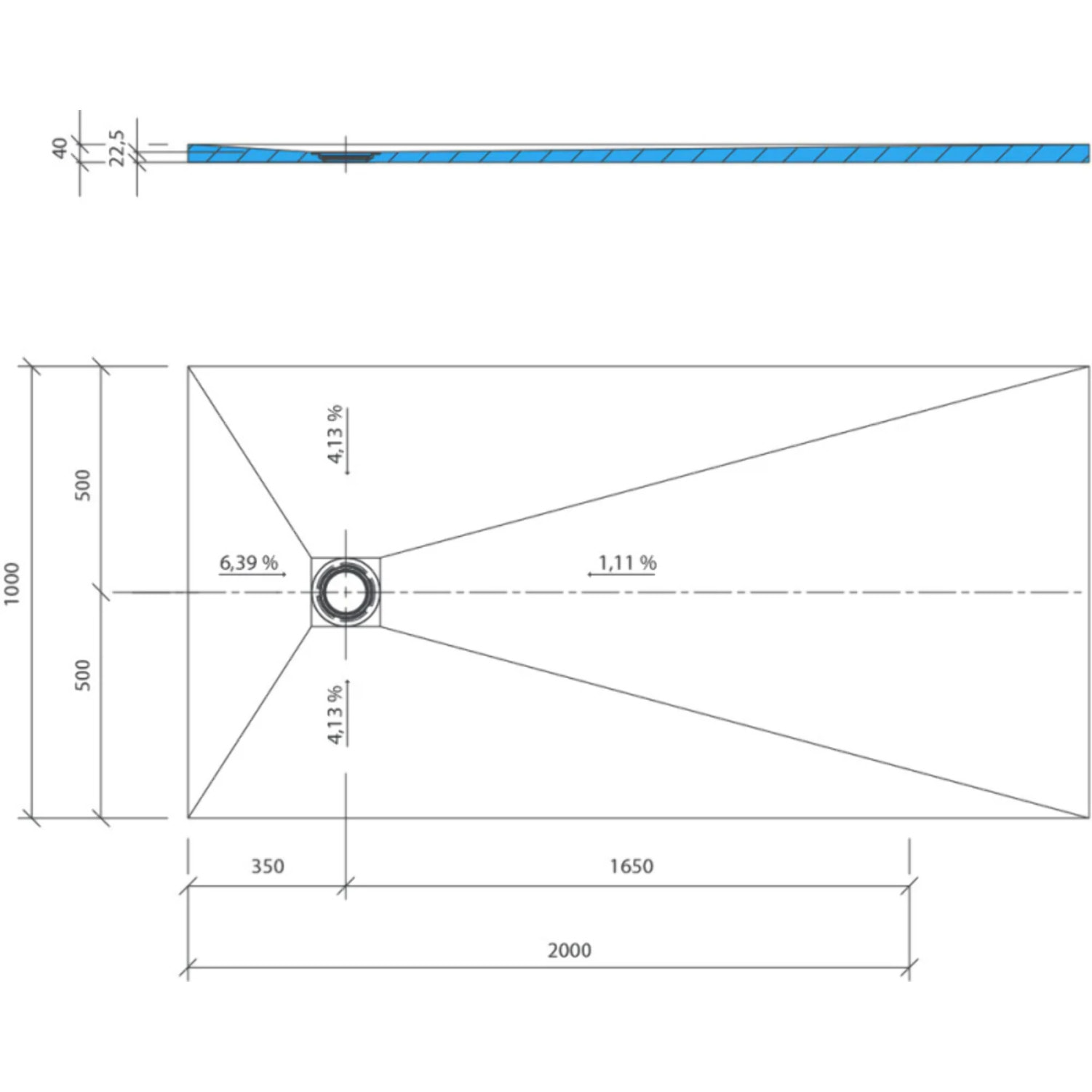 Receveur de douche à carreler 200 x 100 WEDI Fundo Primo rectangle écoulement excentré + bonde horizontale