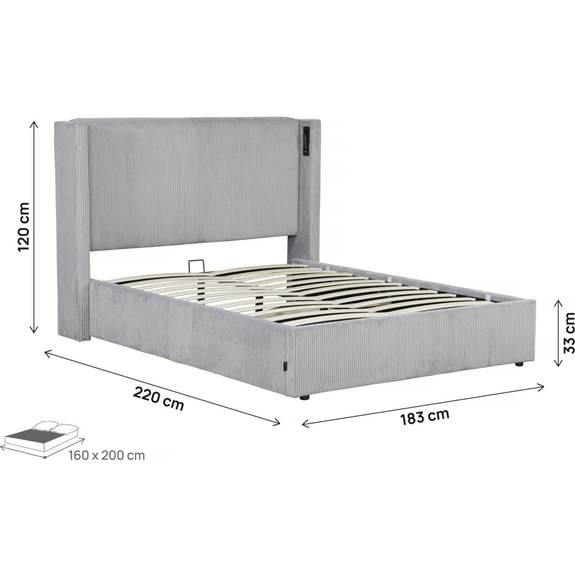 Lit double en velours côtelé avec coffre et lampe intégré "Cortina" - 160 x 200 cm - Gris