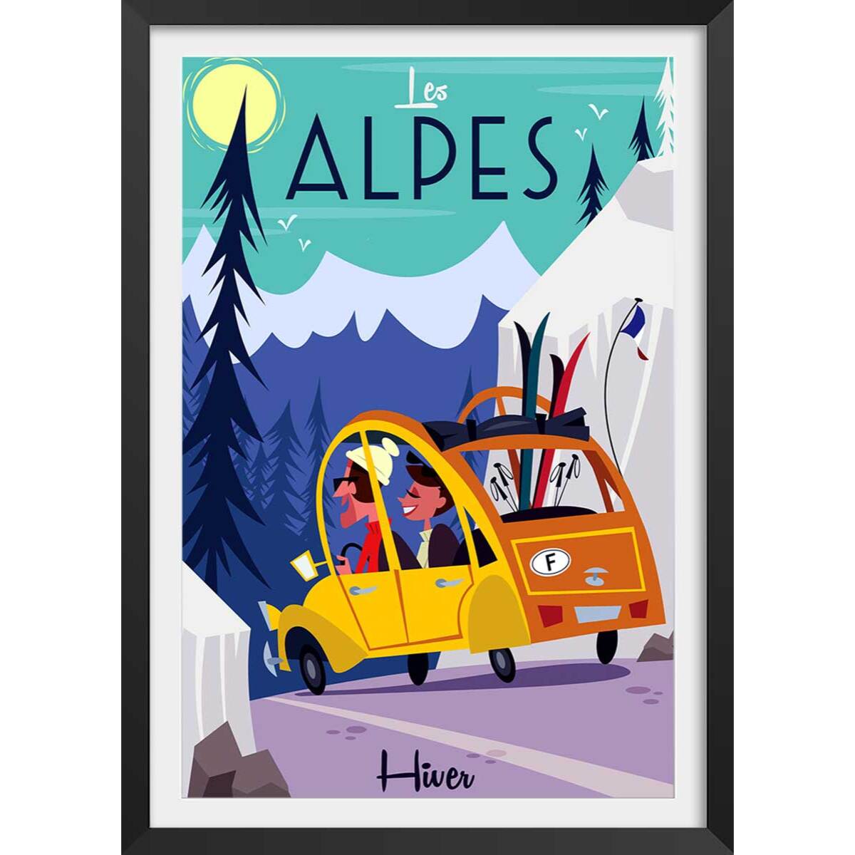 Poster de sur la route des alpes Affiche + cadre en bois - Noir