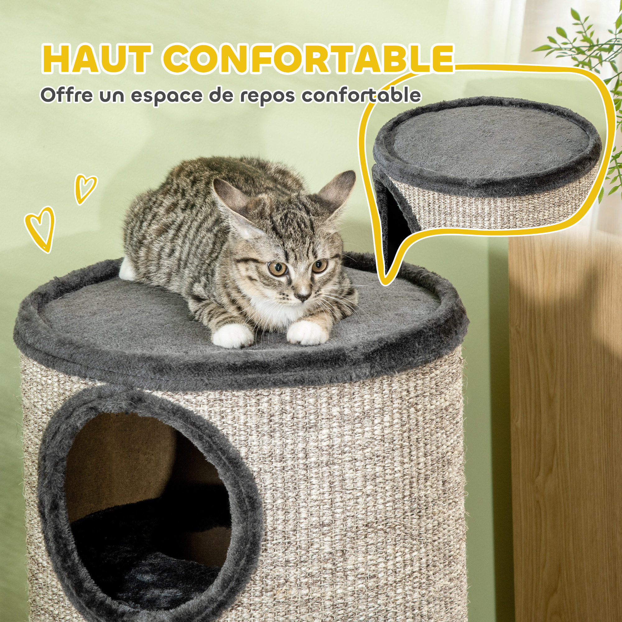 Arbre à chat cylindrique - tour à griffer pour chat - tonneau griffoir - 3 niveaux + plateforme - sisal peluche anthracite