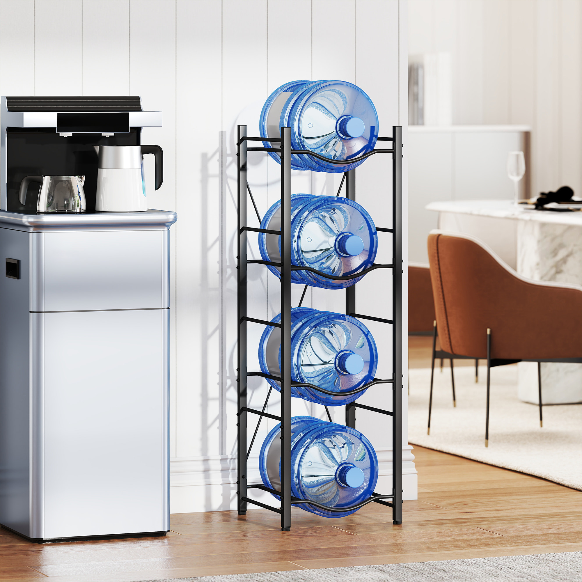 Soporte para Garrafones de Agua de 4 Niveles Estante de Almacenamiento para Botellas de Agua con Estructura de Metal Reforzada para Cocina Comedor Sala de Estar Negro