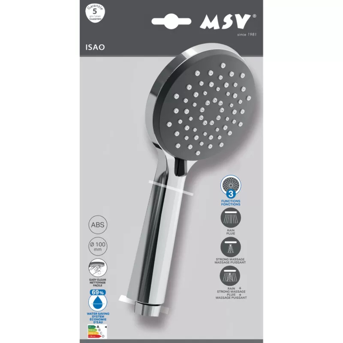 Pommeau de douche MSV Isao Ø 100 mm avec flexible 150 cm – 3 fonctions – Économie d'eau 69 % – Chromé