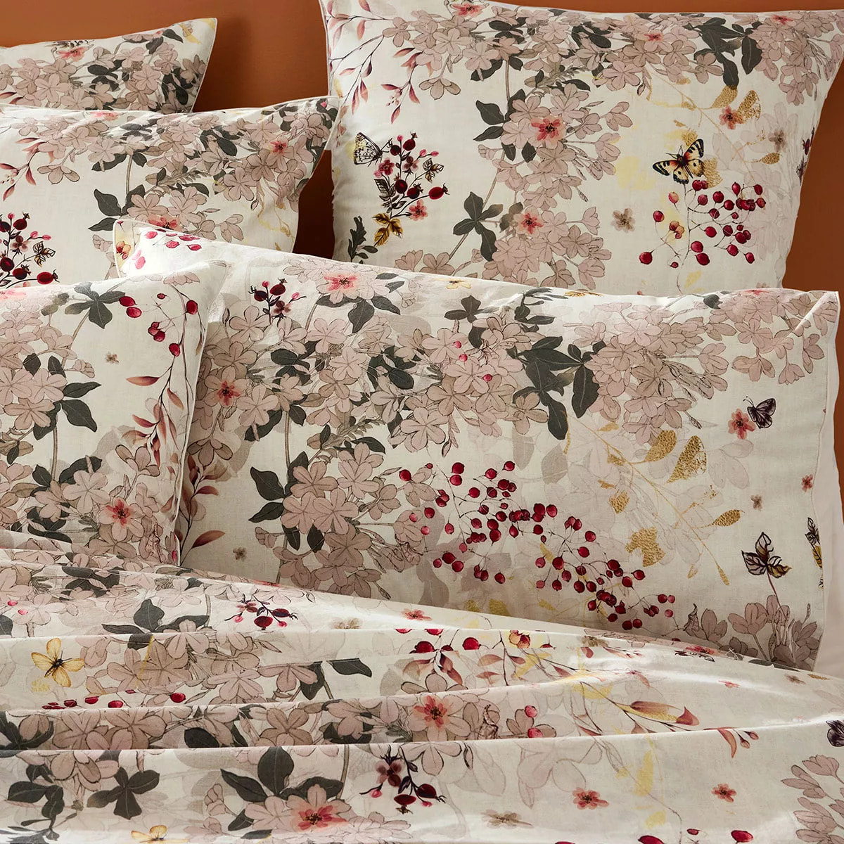 Lot h.couette +taies percale de coton lavé 115 g/m² imprimé beige bordeaux Vintage flowers cranberry