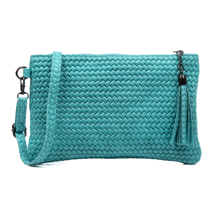 FIRENZE ARTEGIANI Borsa a Spalla da Donna Oleggio. Vera Pelle Scamosciata Intrecciata Incisa Made in Italy 23x4x15 Cm. Colore acquamarina