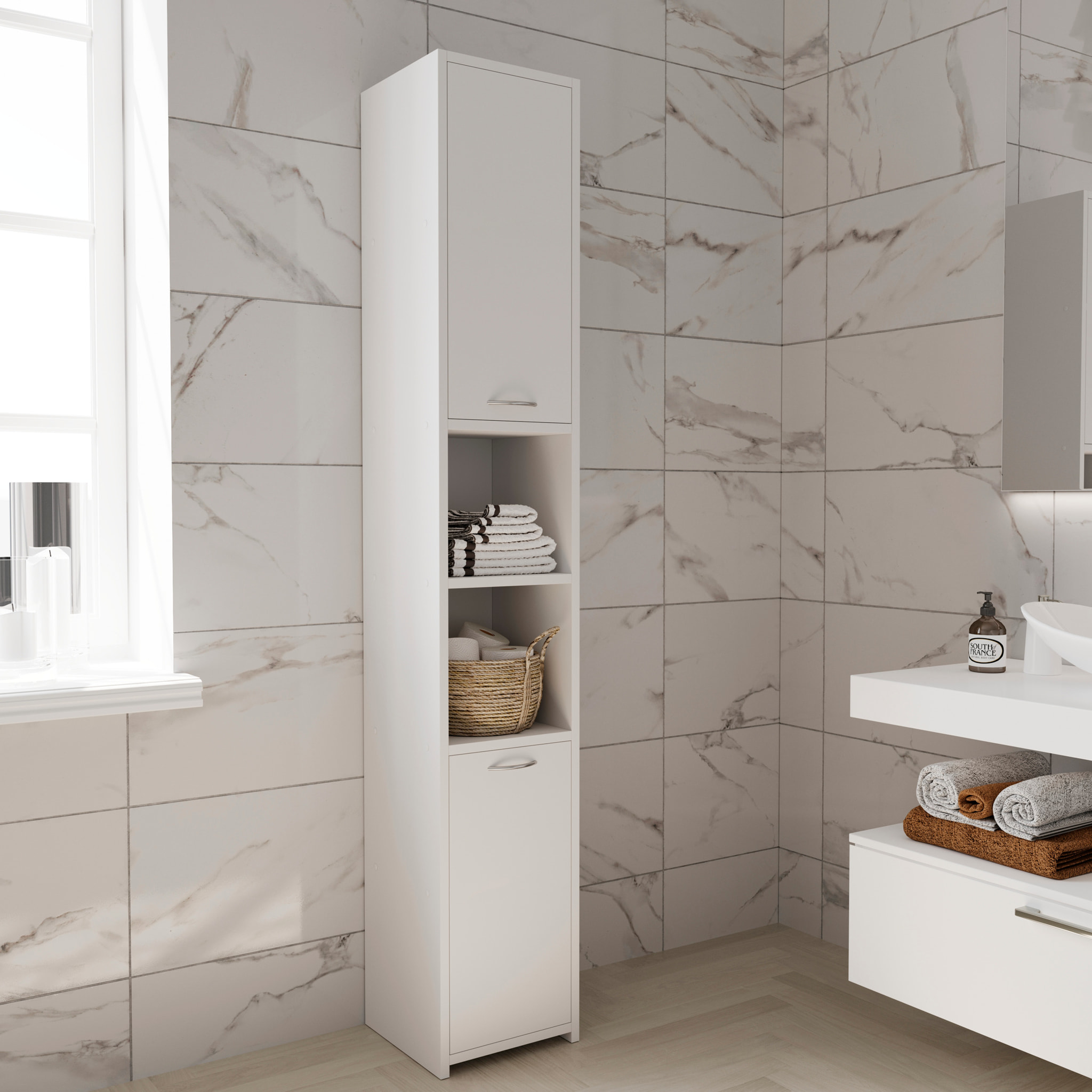 Armadio Armadietto Mobile Alto Bagno Multiuso Colonna 2 Ante 6 Ripiani Salvaspazio Mobiletto Asciugamani Ingresso Camera Letto 180x30x30 Cm Bianco