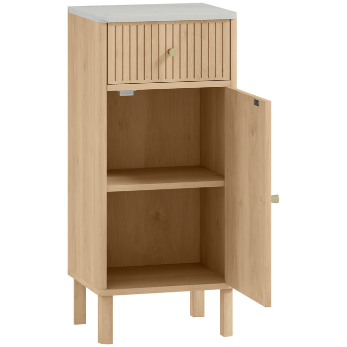Meuble bas salle de bain style bois naturel plateau effet marbre blanc porte étagère tiroir
