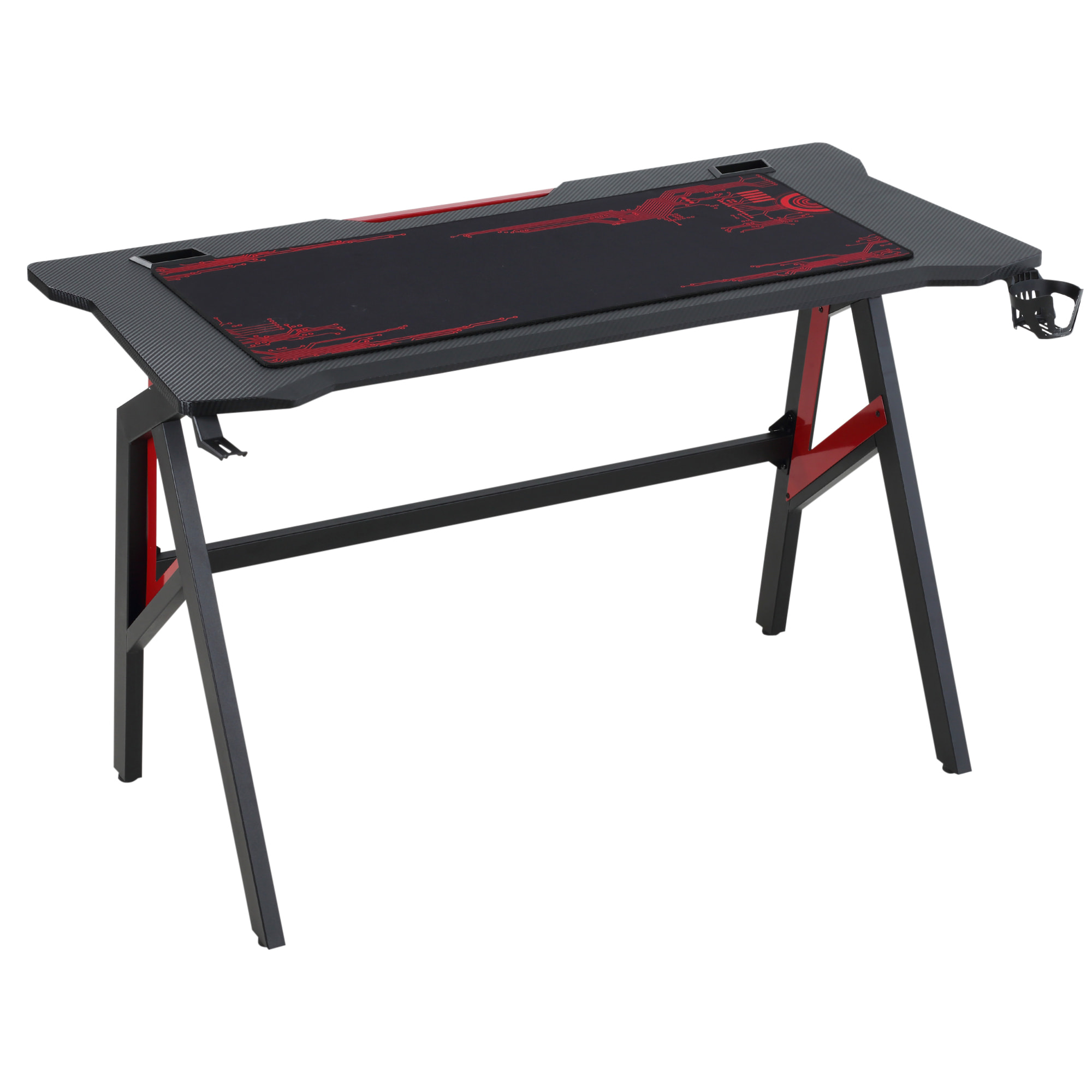 HOMCOM Bureau gaming bureau gamer bureau informatique bracket casque porte-gobelet passe-câbles tapis de souris inclus métal MDF texture fibre carbone rouge noir