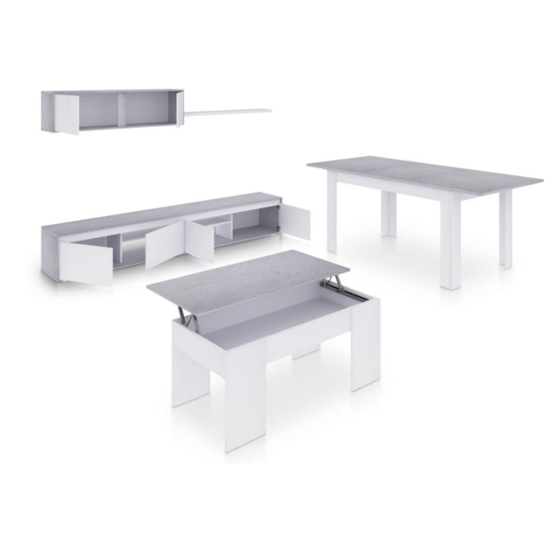 Pack salón con mesa de centro y mesa de comedor Arlet Max V2B Blanco Artik (Blanco Mate) - Gris Cemento