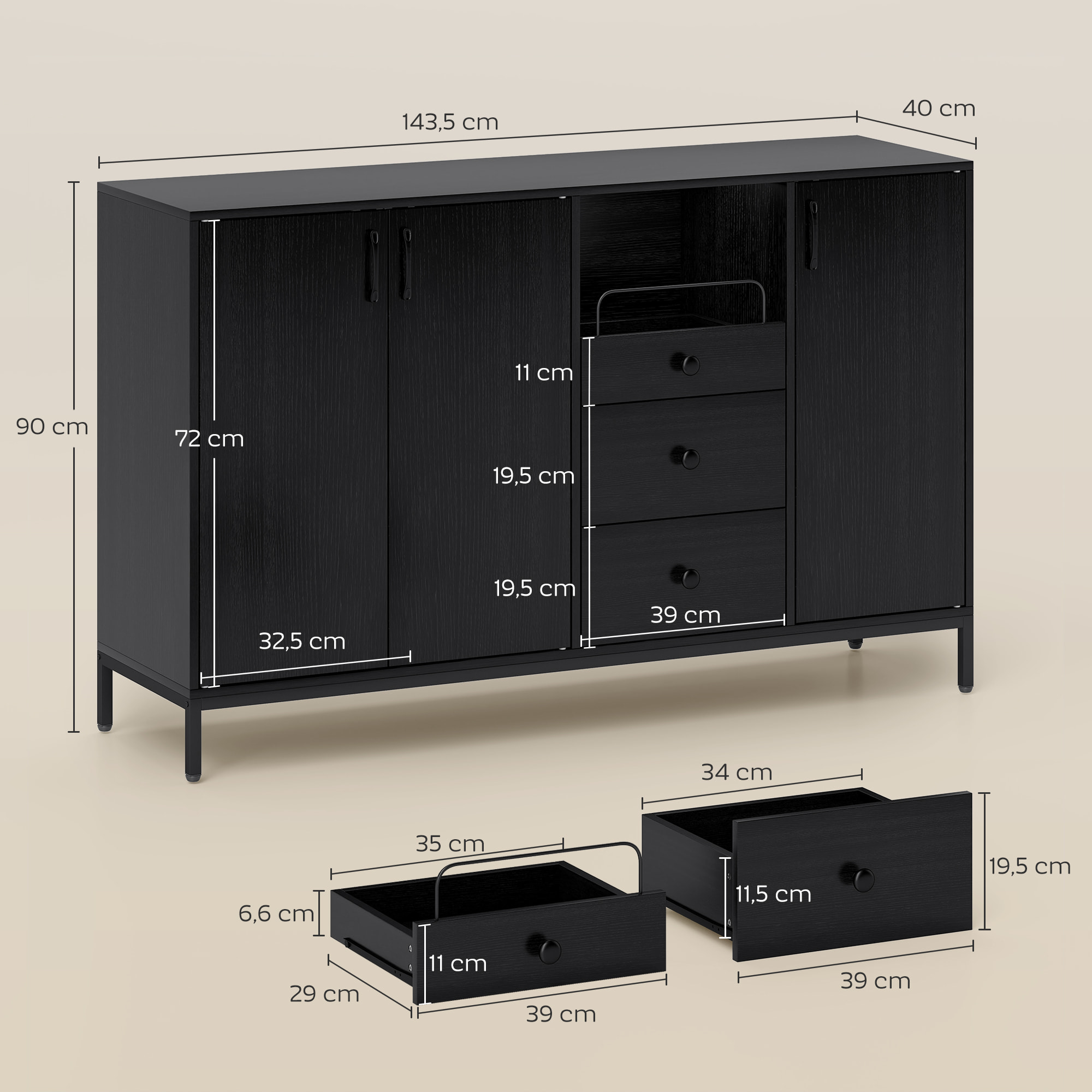 Aparador de 3 Puertas, Aparador de Salón con 3 Cajones, Estantes Ajustables, para Cocina, Entrada, Comedor, Dormitorio, Negro, 143,5x40x90 cm