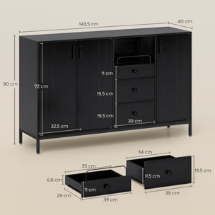 Aparador de 3 Puertas, Aparador de Salón con 3 Cajones, Estantes Ajustables, para Cocina, Entrada, Comedor, Dormitorio, Negro, 143,5x40x90 cm